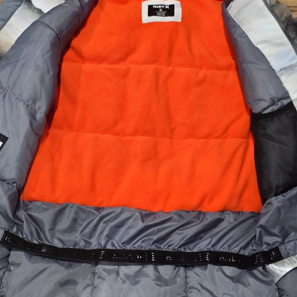 Hurley Boys XL Mountain Print Hooded Puffer Jacket Orange Fleece Lined - Picture 6 of 14